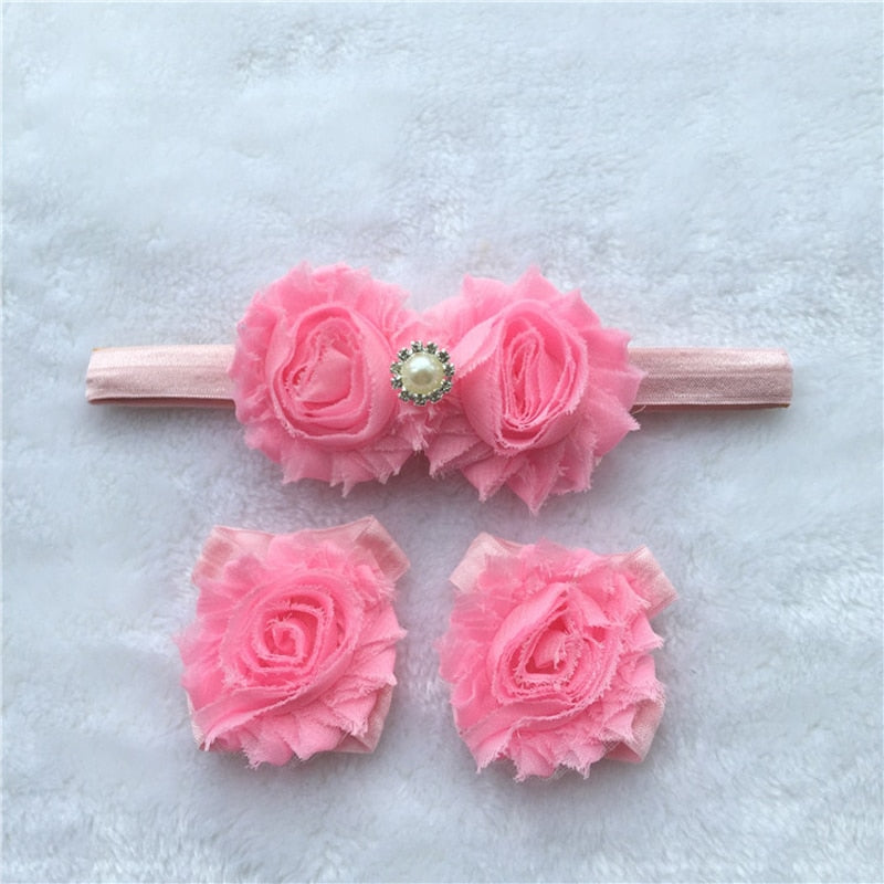 BalleenShiny 3PCS Flower Headband Baby Girls Barefoot Sandals Hair Foot Accessories Elastic Fashion Foot Decoration Kids Gift