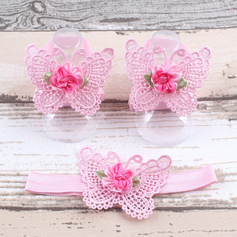 BalleenShiny 3PCS Flower Headband Baby Girls Barefoot Sandals Hair Foot Accessories Elastic Fashion Foot Decoration Kids Gift