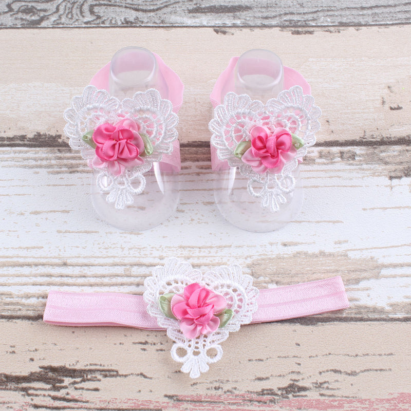 BalleenShiny 3PCS Flower Headband Baby Girls Barefoot Sandals Hair Foot Accessories Elastic Fashion Foot Decoration Kids Gift