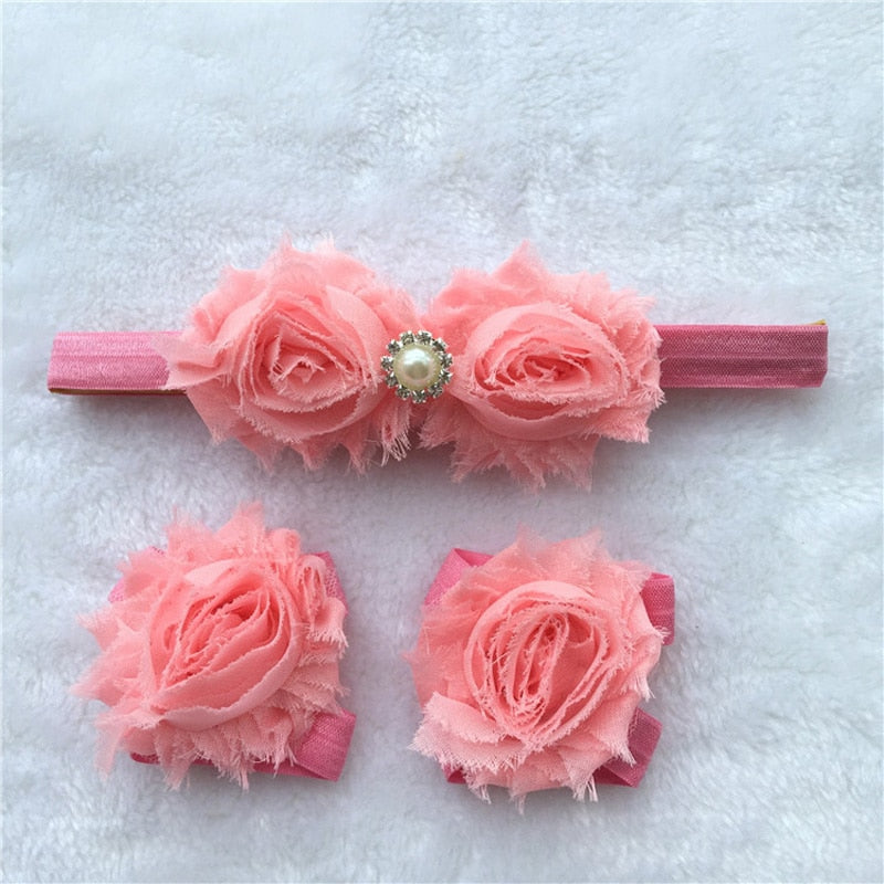 BalleenShiny 3PCS Flower Headband Baby Girls Barefoot Sandals Hair Foot Accessories Elastic Fashion Foot Decoration Kids Gift