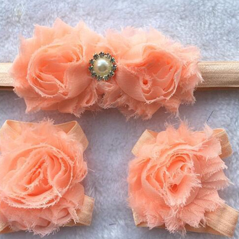 BalleenShiny 3PCS Flower Headband Baby Girls Barefoot Sandals Hair Foot Accessories Elastic Fashion Foot Decoration Kids Gift